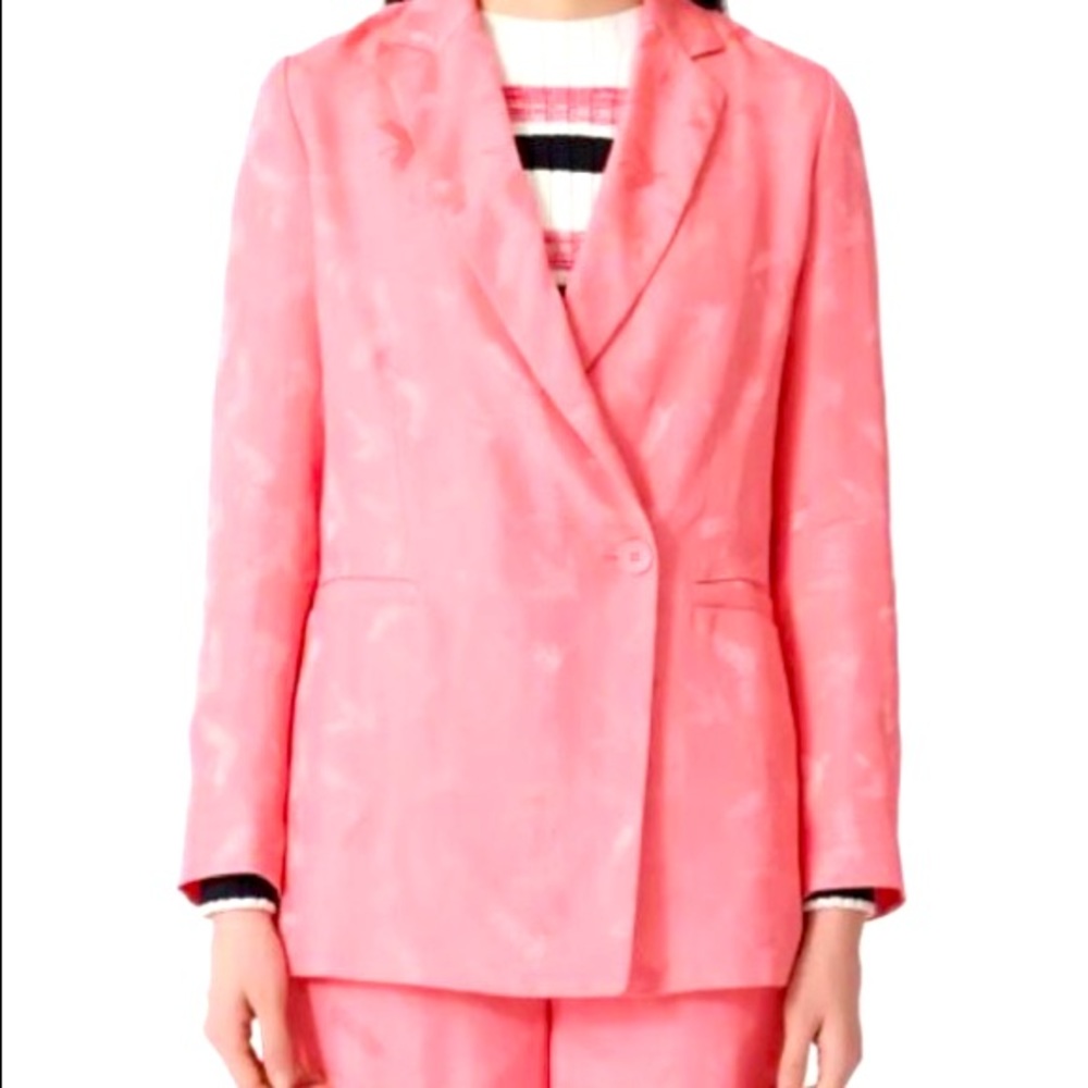 Maje Vala Bird Print Jacquard Button Blazer In Coral